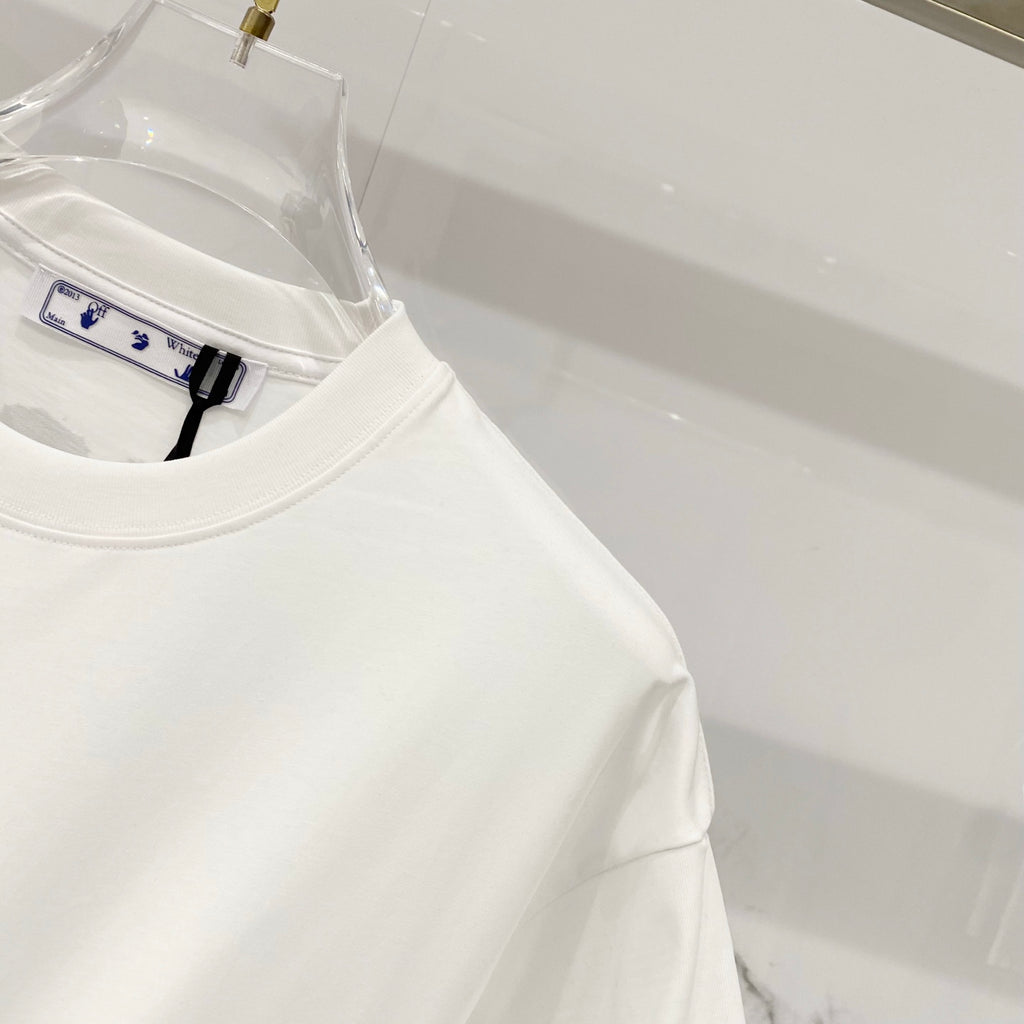 White T-shirt front with crew neck and small inner neckline label