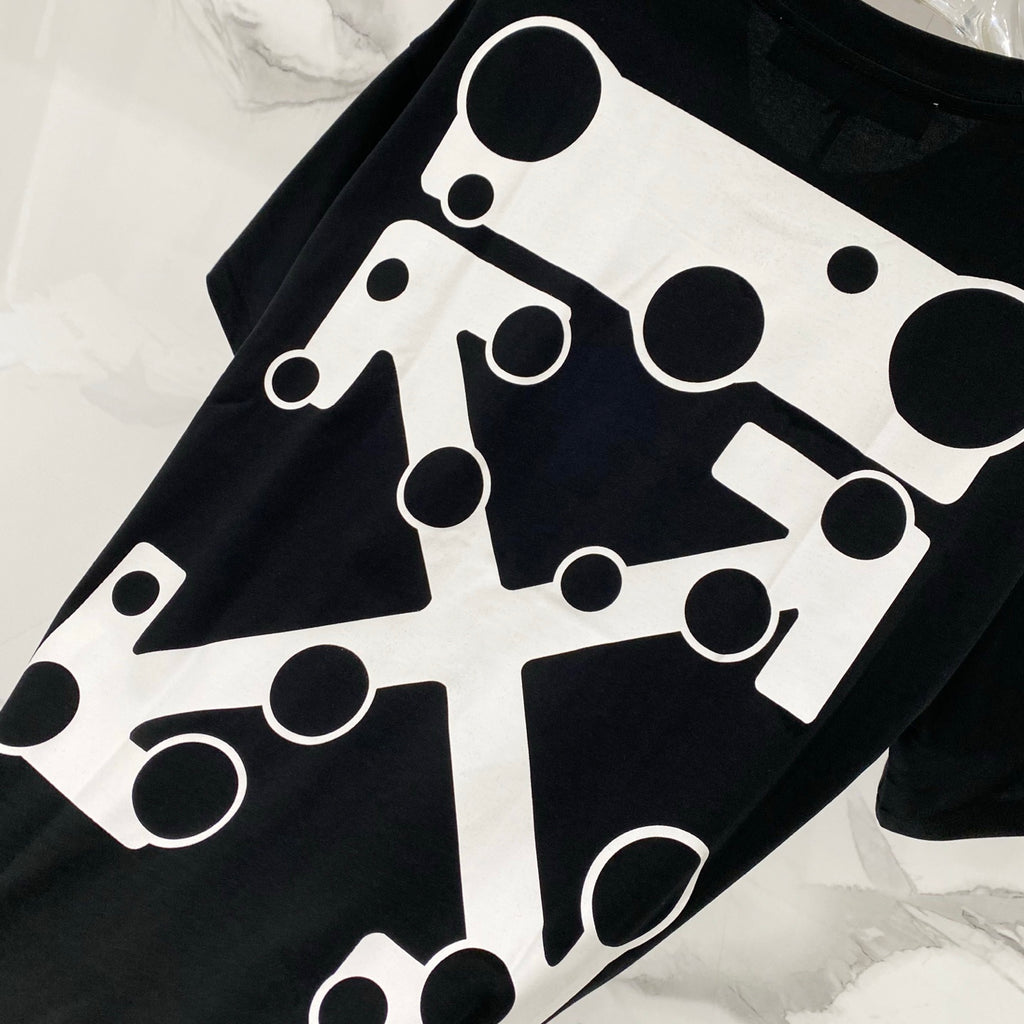 Black T-shirt with oversized white abstract geometric logo print