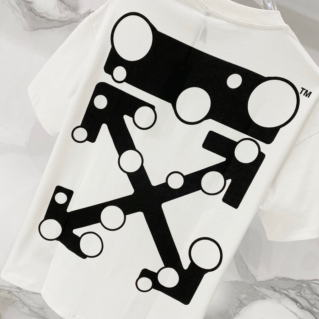 Off-white t-shirt close-up of large black geometric logo print on the front.