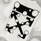 Off-white t-shirt close-up of large black geometric logo print on the front.