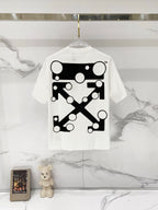 Off-white t-shirt with large black geometric graphic on the back.
