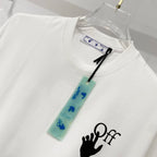 Off-white t-shirt front view with small black logo and neck tag attached.