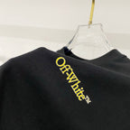 Black T-shirt back with yellow Off-White logo lettering.