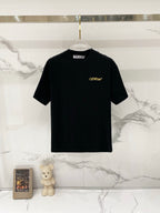 Black T-shirt with small Off-White logo print at chest.