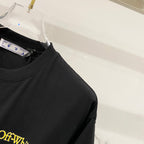Black T-shirt sleeve and neckline with Off-White neck tag.