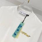 Off-White T-shirt front with yellow chest logo and hanging tag