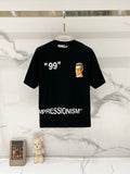 Off-White black graphic T-shirt with portrait and quote print, on hanger