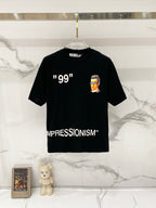 Off-White black graphic T-shirt with portrait and quote print, on hanger