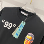 Off-White black T-shirt with '99' quote and portrait graphic print, on hanger