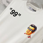Off-white T-shirt with '99' text and small face graphic on lower right