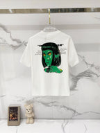 Graphic T-shirt, off-white, back print with black text and green face illustration