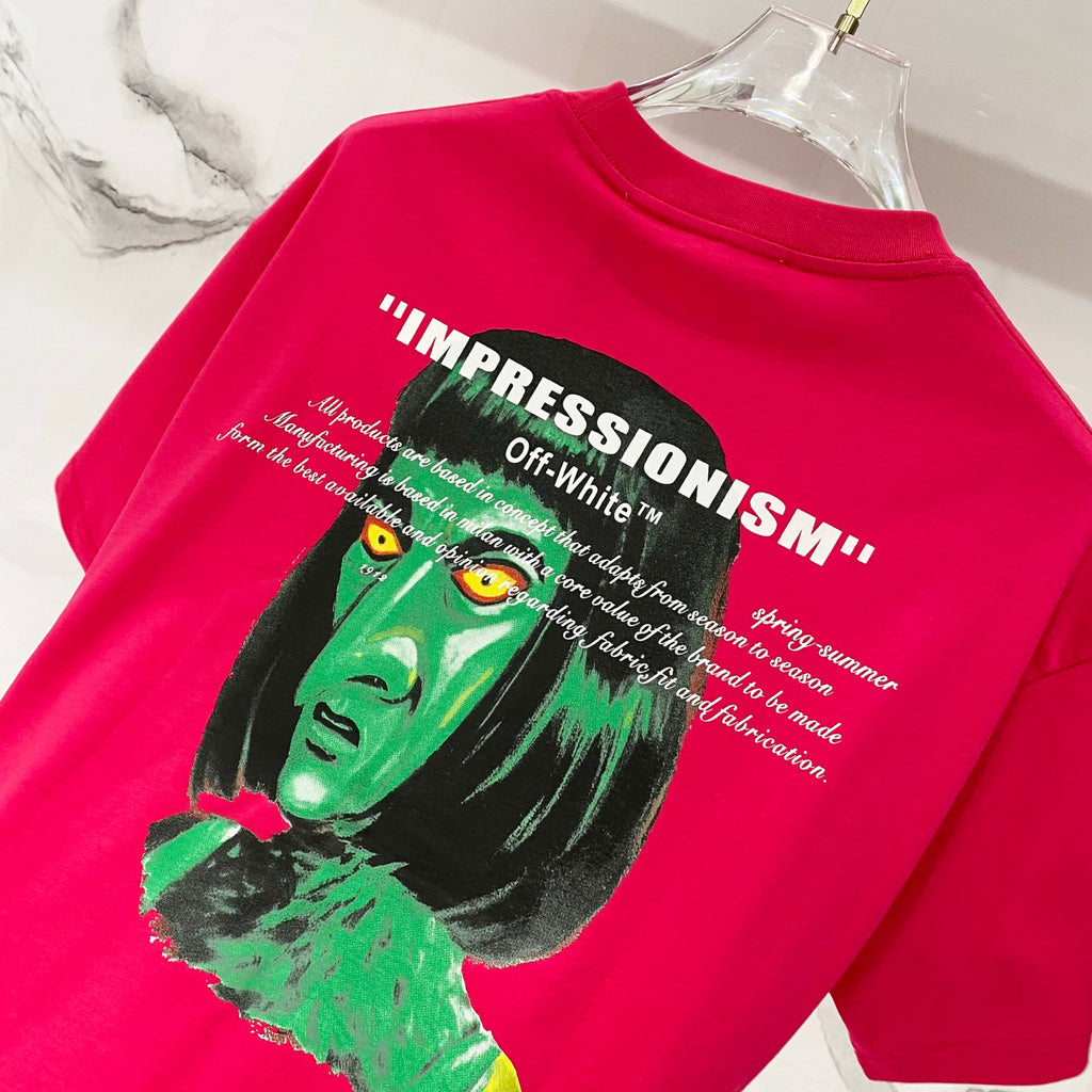 Off White red T-shirt with “IMPRESSIONISM” text and green portrait print on back.