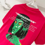Off White red T-shirt with “IMPRESSIONISM” text and green portrait print on back.