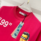 Off White red T-shirt with “99” lettering and face graphic near hem.
