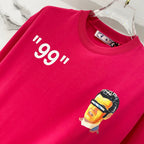 Off White red T-shirt with “99” print and small face graphic on chest.