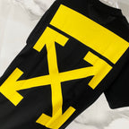 Off-White black T-shirt with large yellow diagonal logo graphic