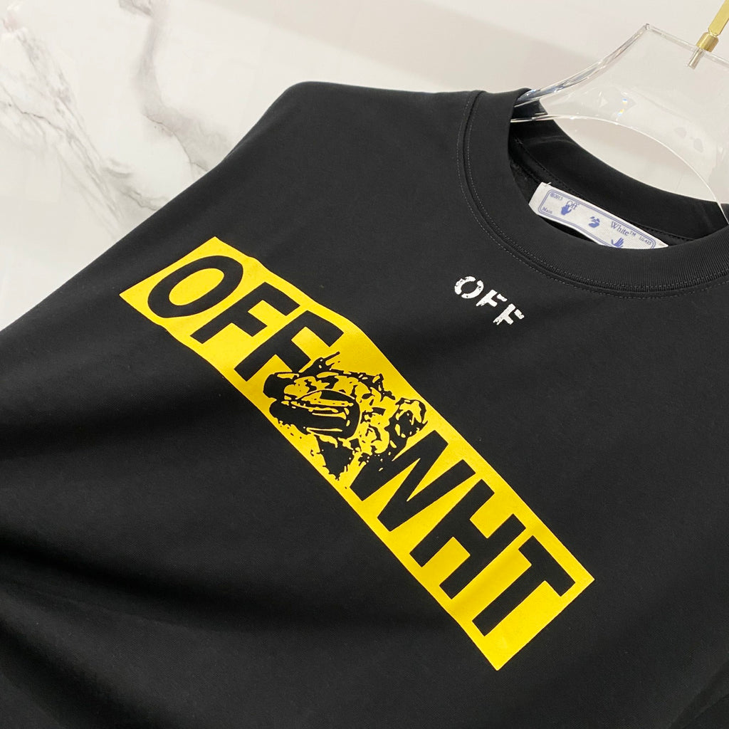Off-White black T-shirt with yellow 'OFF-WHITE' text graphic