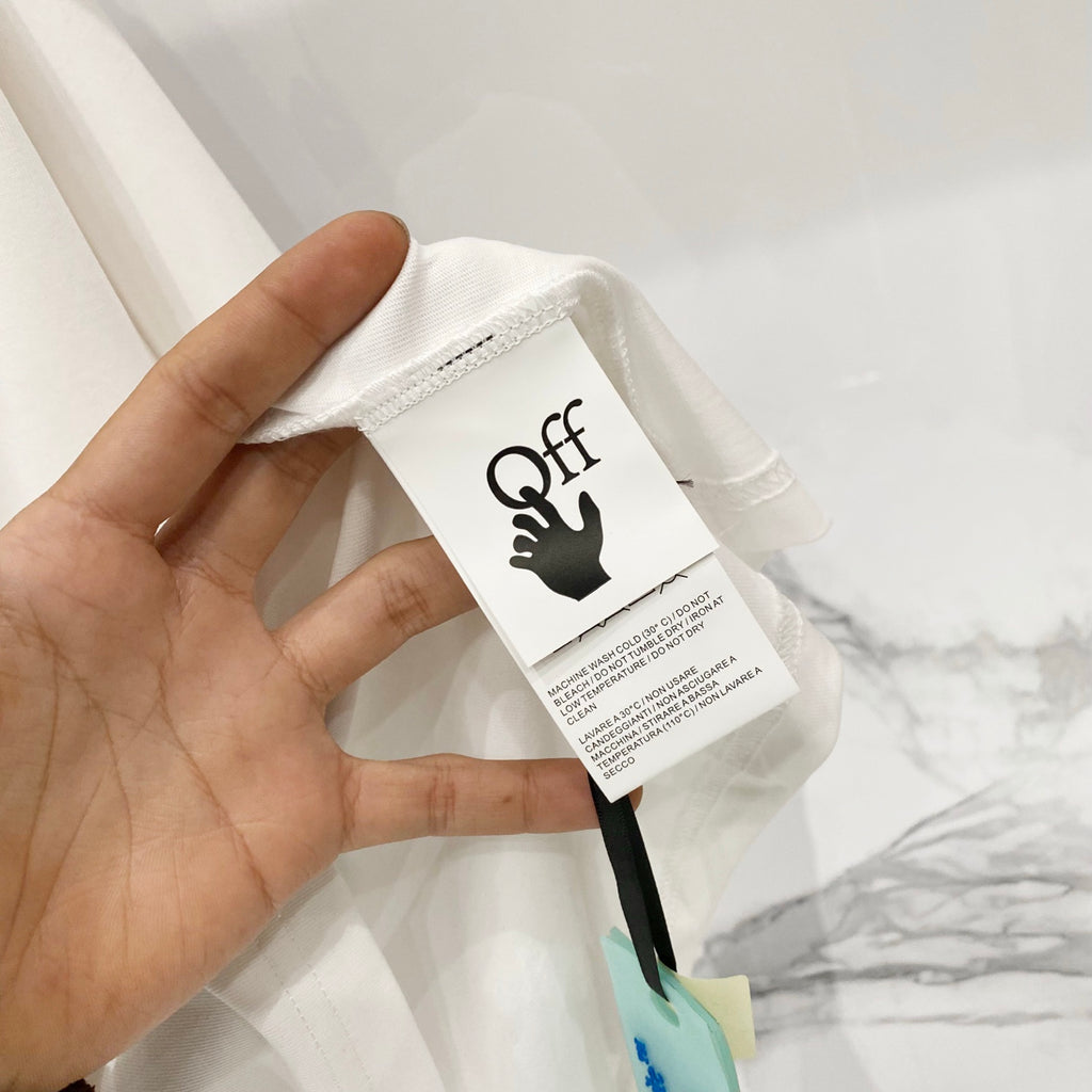 Off-White T-shirt care label and brand logo tag