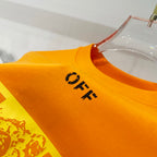 Orange T-shirt close-up with black OFF logo on chest