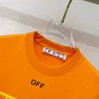Orange crewneck T-shirt close-up with neck label and OFF logo