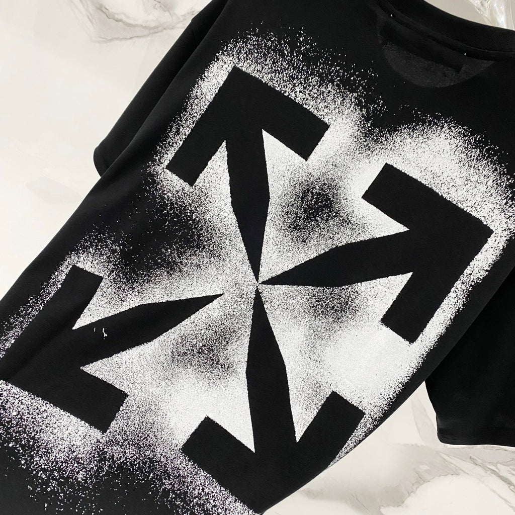 Off-White T-shirt close-up, black with large OFF-style arrow graphic in white