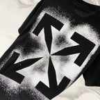 Off-White T-shirt close-up, black with large OFF-style arrow graphic in white