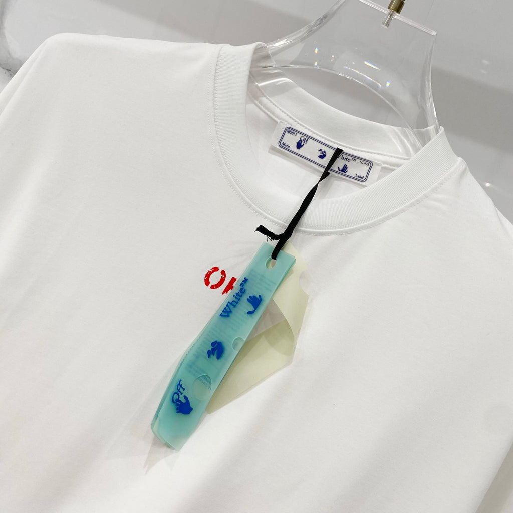 Off White off-white T-shirt with crew neck and red 'OFF' logo, hanging tag