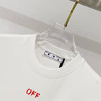 Off White off-white T-shirt close-up with red 'OFF' logo and crew neckline