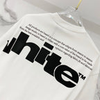 Off White T-shirt with black "WHITE" graphic and small slogan text on back