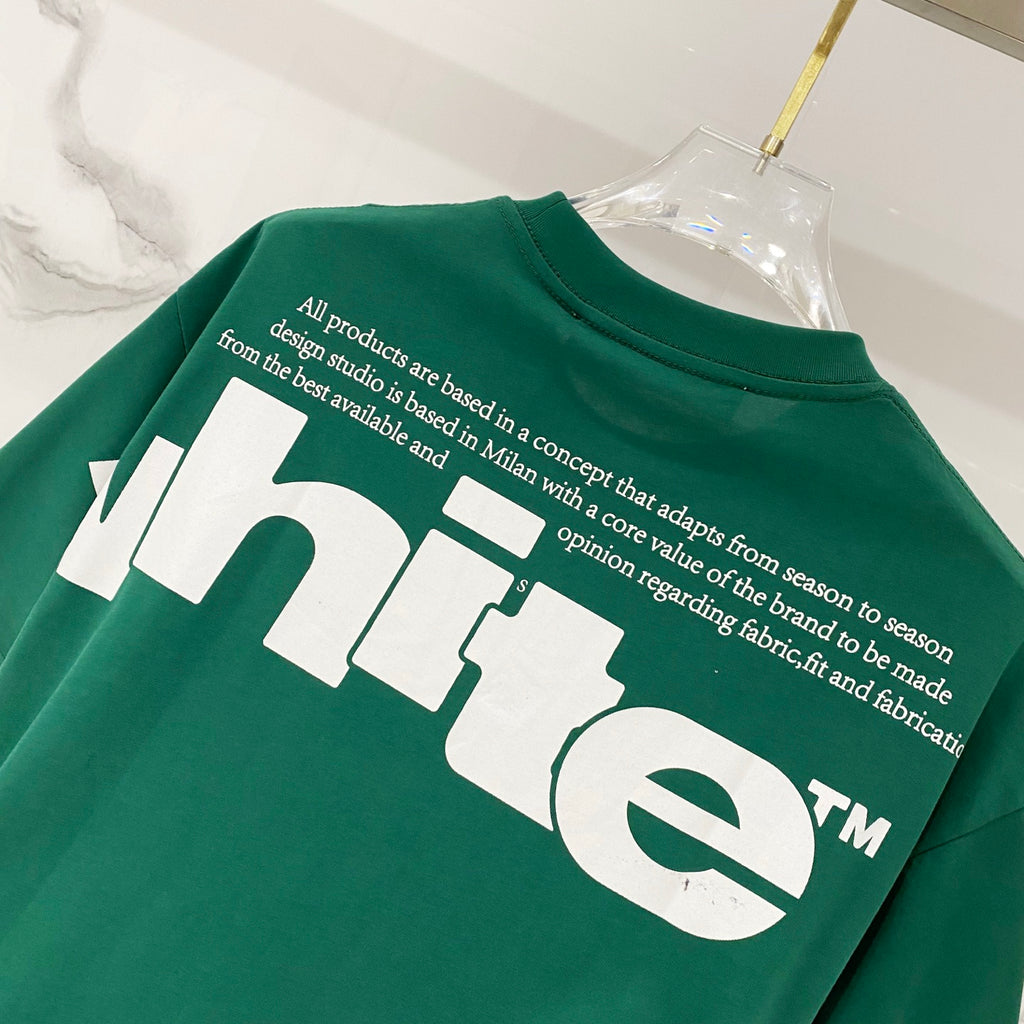 Off-White T-shirt, dark green with white back logo lettering across upper back.