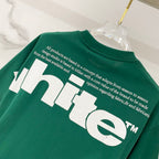 Off-White T-shirt, dark green with white back logo lettering across upper back.