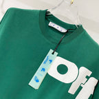 Off-White T-shirt, dark green with large white 'OF' graphic and hanging size tag.