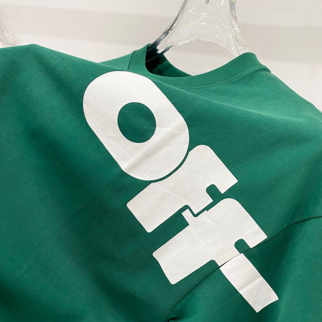 Off-White T-shirt, dark green with oversized white 'O' and 'F' letter graphic detail.