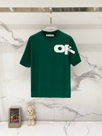 Off-White graphic T-shirt, dark green with large white logo print on front.