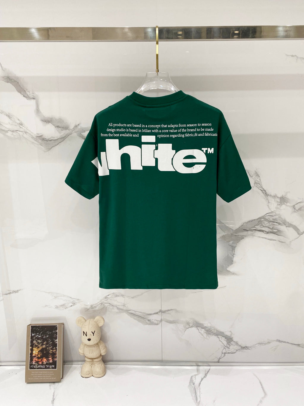 Off-White graphic T-shirt, dark green with large white logo and back text.