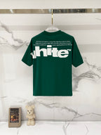 Off-White graphic T-shirt, dark green with large white logo and back text.