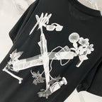 Black T-shirt with large white floral key-like graphic print