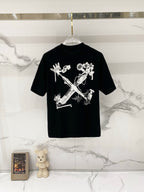 Black graphic T-shirt with large front skeleton-style floral print