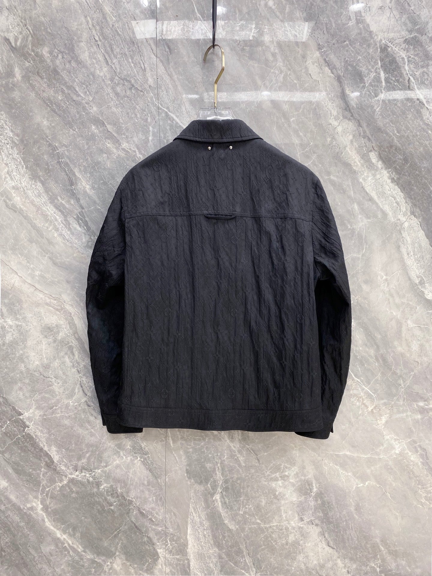 Louis Vuitton long jacket in dark navy, stand collar and full back view