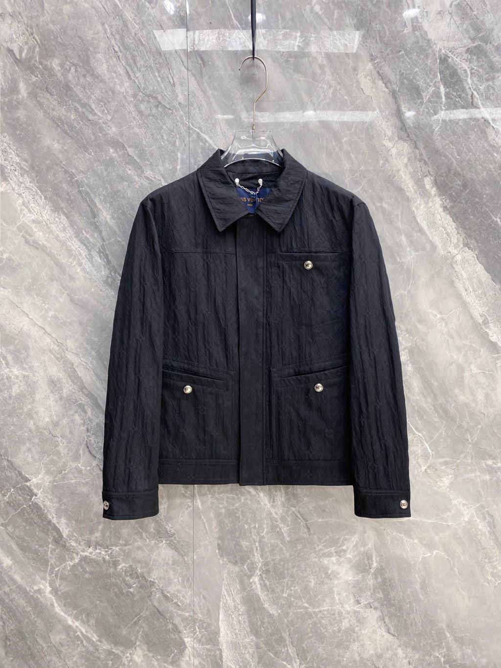 Louis Vuitton long jacket in dark navy, front pockets and snap cuffs
