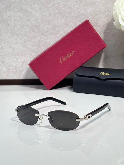 Cartier sunglasses with dark lenses and gold metal arms, round frame front view