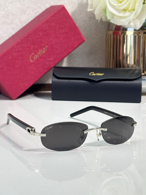 Cartier sunglasses with dark round lenses and metal bridge, front view on display