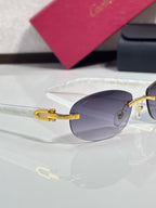 Cartier sunglasses with purple-tinted lenses and gold frame, close-up side temple