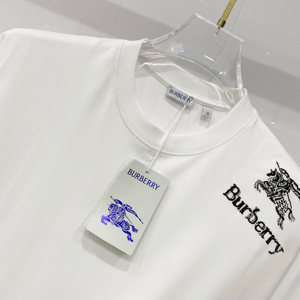 White Burberry crew-neck T-shirt with horse and Burberry graphics at chest