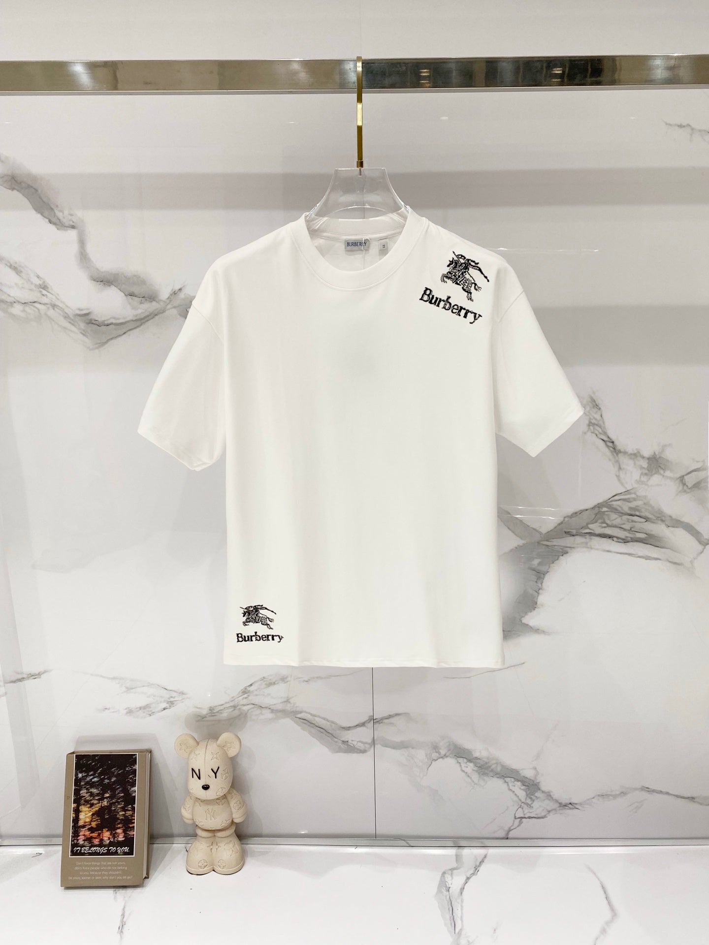 White Burberry crew-neck T-shirt with horse logo and Burberry graphic on chest