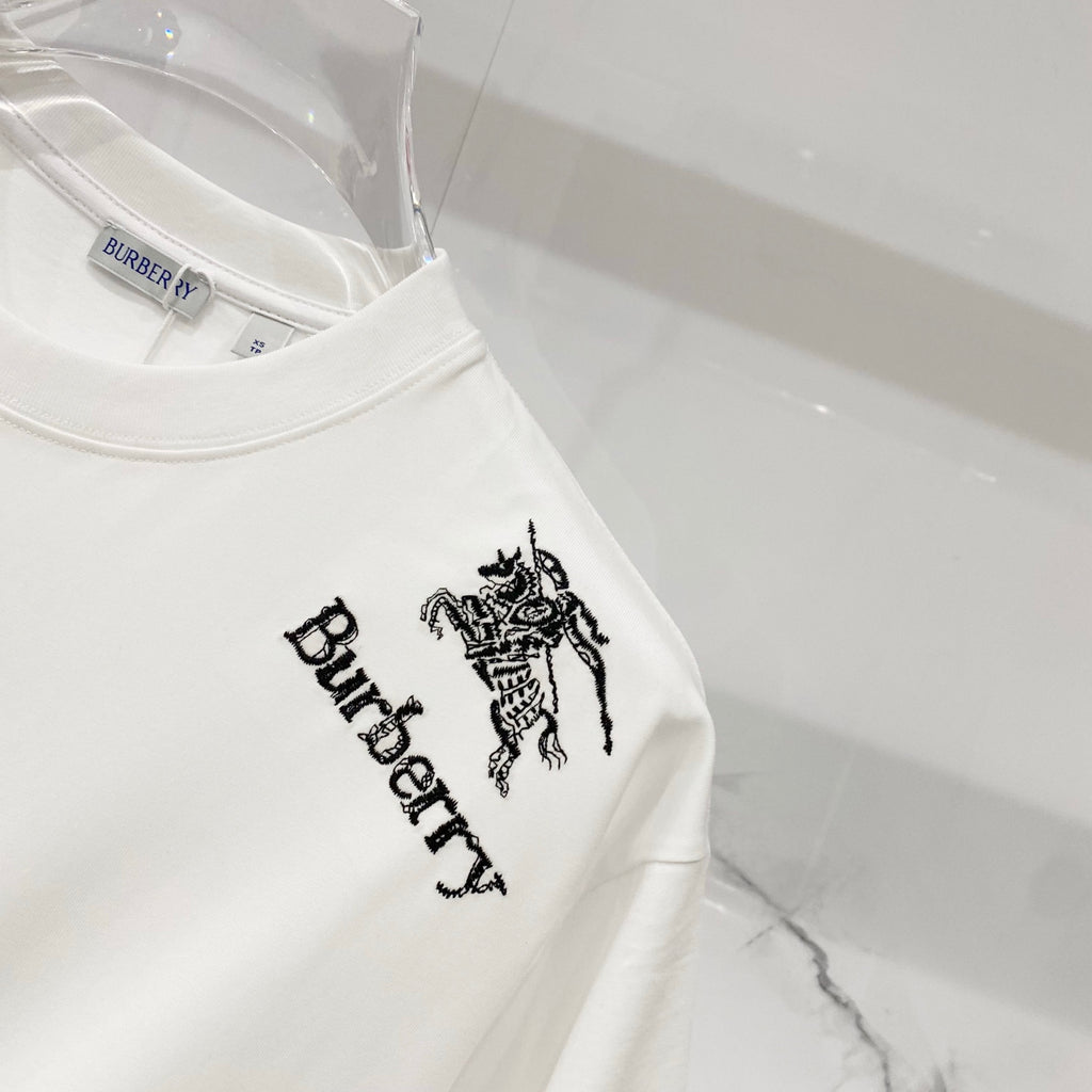 White Burberry T-shirt right chest graphic with horse logo and Burberry lettering