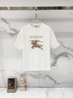 White Burberry T-shirt with gold lettering and multicolor horse graphic on chest