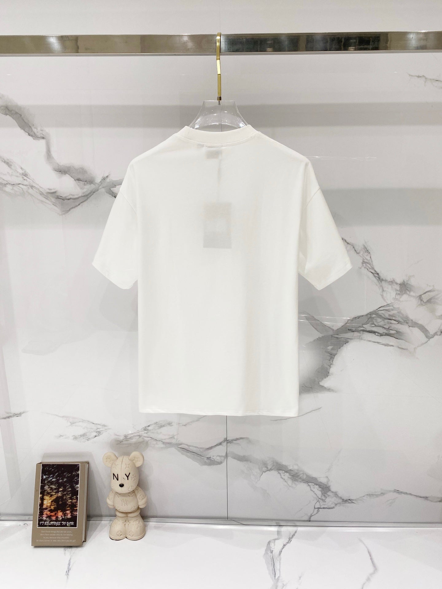 White short-sleeve T-shirt on hanger, back view with plain crew neckline