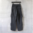 Dark gray cargo pants with elastic waist and front cargo pockets