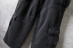 Dark gray cargo pants detail: flap pocket and side tab